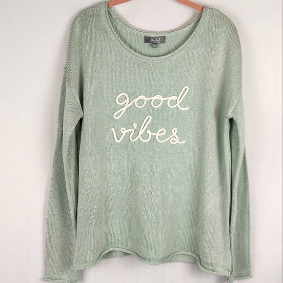 Marled Reunited Clothing Medium Good Vibes Dusty Green Scoop Neck Sweater Size L - Picture 1 of 9